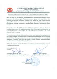 COMISSAO ANTI-CORRUPCAO Gabinete de Comissarfo Rua Sergio Vieira de Melo, No.7. Farol, Ofli, Timor-Leste Teler. (+[removed], (+[removed];E-mail: [removed];Website:  Statements of Support and Solidarity w