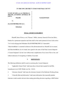 E-FILED 2014 JUN 04 9:01 AM POLK - CLERK OF DISTRICT COURT  IN THE IOWA DISTRICT COURT FOR POLK COUNTY ) STATE OF IOWA, ex rel. THOMAS J. ) MILLER, ATTORNEY GENERAL OF )