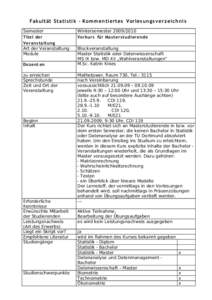 Fakultät Statistik - Kom mentiertes Vorlesung s verzeichnis Semester Titel der Veran staltun g Art der Veranstaltung Module