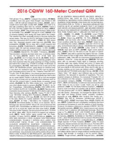 2016 CQWW 160-Meter Contest QRM CW TNX all best 73 cu...4K6FO. I enjoyed the contest...7K1MAG. Conditions were very good. Even though I was limited to 200 watts, I still did well and enjoyed the contest...AA5AU. Just a c