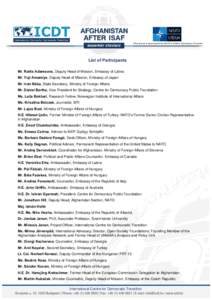 List of Participants Mr. Raitis Adamsons, Deputy Head of Mission, Embassy of Latvia Mr. Yuji Amamiya, Deputy Head of Mission, Embassy of Japan Mr. Iván Bába, State Secretary, Ministry of Foreign Affairs Mr. Dániel Bar