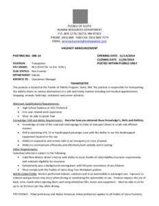 PUEBLO OF ISLETA HUMAN RESOURCES DEPARTMENT P.O. BOX 1270, ISLETA, NM[removed]PHONE: ([removed]FAX: ([removed]EMAIL: [removed] VACANCY ANNOUNCEMENT