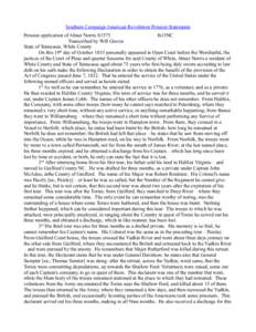 Southern Campaign American Revolution Pension Statements Pension application of Abner Norris S1575 fn15NC Transcribed by Will Graves State of Tennessee, White County On this 19th day of October 1833 personally appeared i