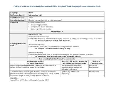 College, Career and World-Ready Instructional Shifts: Maryland World Language Lesson/Assessment Seeds  Language Proficiency Level(s) Unit Theme/Topic Essential Question(s)