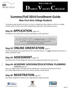 WELCOME TO  DIABLO VALLEY COLLEGE Summer/Fall 2014 Enrollment Guide New First-time College Students This guide provides detailed instructions on how to complete each step needed to enroll in our college.