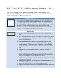 FDOT Civil 3D 2014 Maintenance Release 1(MR1) FDOT CIVIL 3D 2014 MR1 contains updates necessitated by changes to Design Standards, Plans Preparation Manual (PPM), and the Basis of Estimates (BOE) as well as bug fixes to 