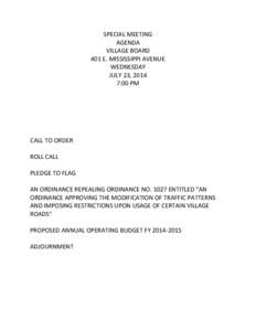 SPECIAL MEETING AGENDA VILLAGE BOARD 401 E. MISSISSIPPI AVENUE WEDNESDAY JULY 23, 2014