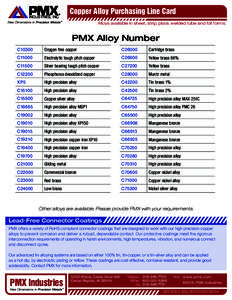 Copper Alloy Purchasing Line Card Alloys available in sheet, strip, plate, welded tube and foil forms. PMX Alloy Number C10300