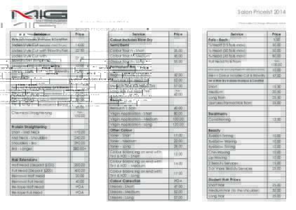Salon Pricelist 2014 *Prices subject to change without prior notice Service  Price