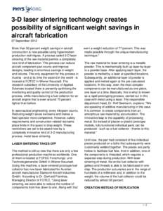 3-D laser sintering technology creates possibility of significant weight savings in aircraft fabrication