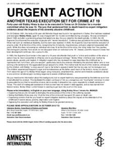 UA: [removed]Index: AMR 51/00X/2012 USA  Date: 15 October 2012 URGENT ACTION ANOTHER TEXAS EXECUTION SET FOR CRIME AT 19