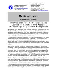 Media Advisory - Vice Chairman Hood Addresses Lessons Learned From the Past Two Years of Championing Enterprise Risk Management