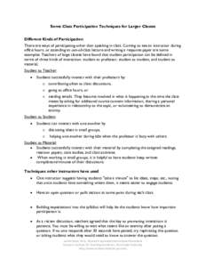 Some Class Participation Techniques for Larger Classes Different Kinds of Participation There are ways of participating other than speaking in class. Coming to see an instructor during office hours, or attending an out-o