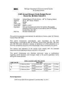 Michigan Department Of Environmental Quality Air Quality Division CAIR Annual Nitrogen Oxide Budget Permit Permit No. MI-NOAPermittee