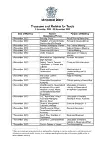 Ministerial Diary1 Treasurer and Minister for Trade 1 November 2013 – 30 November 2013 Date of Meeting 2 November[removed]November 2013