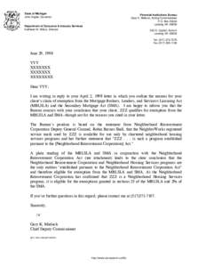 State of Michigan John Engler, Governor Financial Institutions Bureau Gary K. Mielock, Acting Commissioner P.O. Box 30224