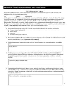 Assurances Form (Complete and attach with Letter of Intent) Title V Abstinence Grant Program The Authorized Representative and Fiscal Contact must sign below to indicate their approval of the contents of the application,