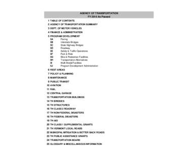 AGENCY OF TRANSPORTATION FY 2015 As Passed 1 TABLE OF CONTENTS 2 AGENCY OF TRANSPORTATION SUMMARY 3 DEPT. OF MOTOR VEHICLES 4 FINANCE & ADMINISTRATION