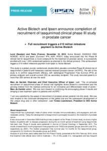 Active Biotech and Ipsen announce completion of recruitment of tasquinimod clinical phase III study in prostate cancer