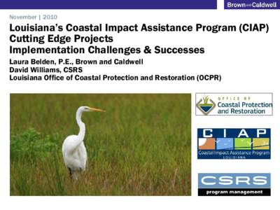 Louisiana’s Coastal Impact Assistance Program (CIAP) Cutting Edge Projects Implementation Challenges & Successes  Laura Belden, P.E., Brown and Caldwell David Williams, CSRS Louisiana Office of Coastal Protection a