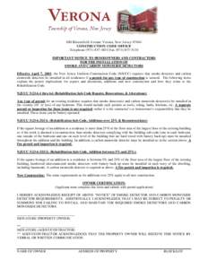 880 Bloomfield Avenue Verona, New Jersey[removed]CONSTRUCTION CODE OFFICE Telephone[removed]Fax[removed]IMPORTANT NOTICE TO HOMEOWNERS AND CONTRACTORS FOR THE INSTALLATION OF SMOKE AND CARBON MONOXIDE DETECTO