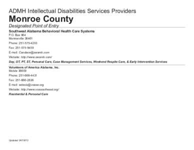 ADMH Intellectual Disabilities Services Providers  Monroe County Designated Point of Entry  Southwest Alabama Behavioral Health Care Systems