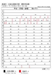 長楽寺・広域公園前方面　標準時刻表 Timetable: For Chorakuji/Koiki-koen-mae 平成２９年３月４日改正  平日（月曜－金曜）　Mon-Fri