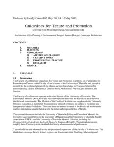 Endorsed by Faculty Council 07 May, 2013 & 13 May[removed]Guidelines for Tenure and Promotion UNIVERSITY OF MANITOBA • FACULTY OF ARCHITECTURE Architecture • City Planning • Environmental Design • Interior Design 