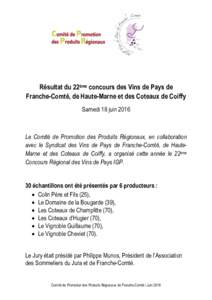 Résultat du 22ème concours des Vins de Pays de Franche-Comté, de Haute-Marne et des Coteaux de Coiffy Samedi 18 juin 2016 Le Comité de Promotion des Produits Régionaux, en collaboration avec le Syndicat des Vins de 