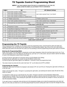 T5 Topside Control Programming Sheet NOTE: If you have questions about the set-up or programming of your new unit, please contact the dealer you purchased it from for assistance! CODE  OFF (Default Setting)