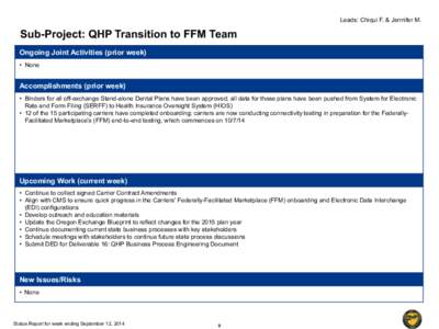 Leads: Chiqui F. & Jennifer M.  Sub-Project: QHP Transition to FFM Team Ongoing Joint Activities (prior week) •  None