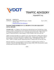 TRAFFIC ADVISORY VirginiaDOT.org RELEASE: IMMEDIATE CONTACT: Ronald Watrous/Media Emergency Number: [removed]removed]