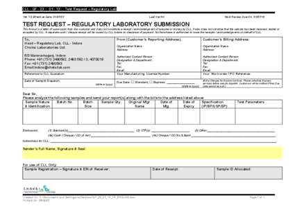 CLL - QF[removed] : : Test Request – Regulatory Lab Ver 1.0 Effective Date: [removed]