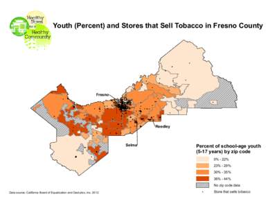 Youth (Percent) and Stores that Sell Tobacco in Fresno County ! ! !! ! ! !