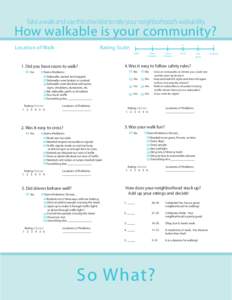 Take a walk and use this checklist to rate your neighborhood’s walkability.  How walkable is your community? Location of Walk  Rating Scale: