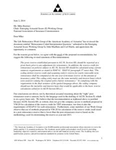 June 2, 2014 Mr. Mike Boerner Chair, Emerging Actuarial Issues (E) Working Group National Association of Insurance Commissioners Dear Mike: The Life Reinsurance Work Group of the American Academy of Actuaries 1 has revie