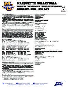 MARQUETTE VOLLEYBALL[removed]NCAA CHAMPIONSHIP - FIRST/SECOND ROUNDS SUPPLEMENT - STATS - NEWS CLIPS NCAA Championship Notes • Marquette is making its second NCAA Championship appearance.