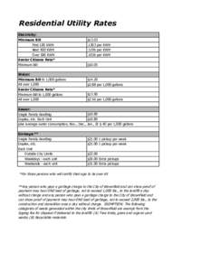 Residential Utility Rates Electricity:         Minimum Bill              First 100 KWH              Next 400 KWH              Over 500 KWH