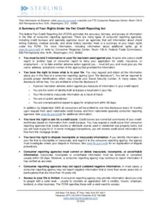 Para informacion en Espanol, visite www.ftc.gov/credit o escribe a la FTC Consumer Response Center, Room 130-A 600 Pennsylvania Ave. N.W., Washington, D.C[removed]A Summary of Your Rights Under the Fair Credit Reporting 