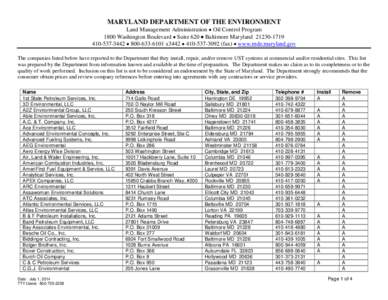 MARYLAND DEPARTMENT OF THE ENVIRONMENT  Land Management Administration • Oil Control Program 1800 Washington Boulevard • Suite 620 • Baltimore Maryland[removed][removed] • [removed]x3442 • [removed]