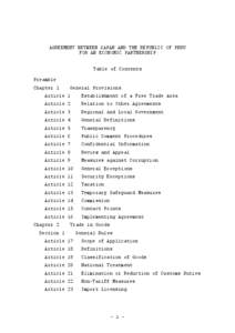 AGREEMENT BETWEEN JAPAN AND THE REPUBLIC OF PERU FOR AN ECONOMIC PARTNERSHIP Table of Contents Preamble Chapter 1