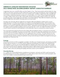 AMERICA’S LONGLEAF RESTORATION INITIATIVE 2013 RANGE-WIDE ACCOMPLISHMENT REPORT: EXECUTIVE SUMMARY Longleaf pine forests once covered 90 million acres from Virginia to Texas. These forests provide world class habitat f