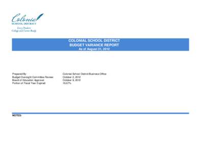 COLONIAL SCHOOL DISTRICT BUDGET VARIANCE REPORT As of August 31, 2012 Prepared By: Budget Oversight Committee Review: