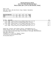 Scoring Summary (Final[removed]U.S. Army All-American Bowl West vs East (Jan 4, 2014 at San Antonio, Texas) West vs. East Date: Jan 4, 2014 • Site: San Antonio, Texas • Stadium: Alamodome