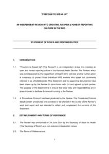 “FREEDOM TO SPEAK UP”  AN INDEPENDENT REVIEW INTO CREATING AN OPEN & HONEST REPORTING CULTURE IN THE NHS  STATEMENT OF ROLES AND RESPONSIBILITIES