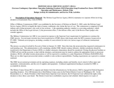 DEFENSE LEGAL SERVICES AGENCY (DLSA) Overseas Contingency Operations: Operation Enduring Freedom (OEF)/Operation Iraqi Freedom/New Dawn (OIF/OND) Operation and Maintenance, Defense-Wide Budget Activity 04 Administrative 