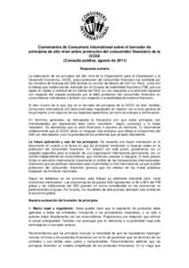 Comentarios de Consumers International sobre el borrador de principios de alto nivel sobre protección del consumidor financiero de la OCDE (Consulta pública, agosto deRespuesta sumaria La elaboración de los pri