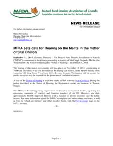 News release - MFDA sets date for Hearing on the Merits in the matter of Sital Dhillon