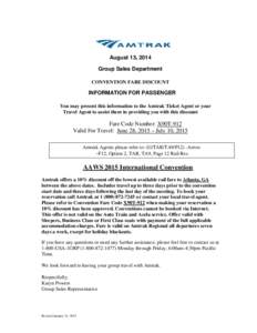 AMTRAK Discount Fare Letter for 2015 International  Convention Attendee