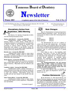 Tennessee Board of Dentistry  Newsletter Winter[removed]Cordell Hull Building, First Floor, 425 Fifth Avenue North, Nashville, TN[removed]